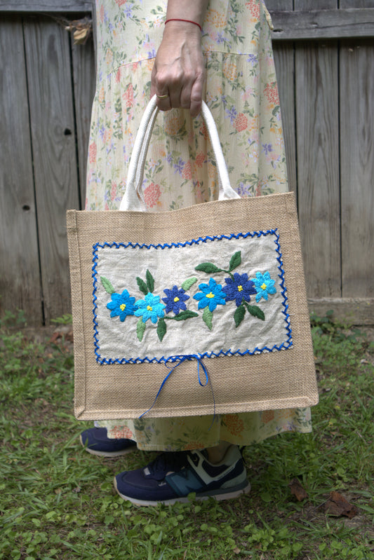 "A Cobalt Floral Dream" Jute Tote Bag