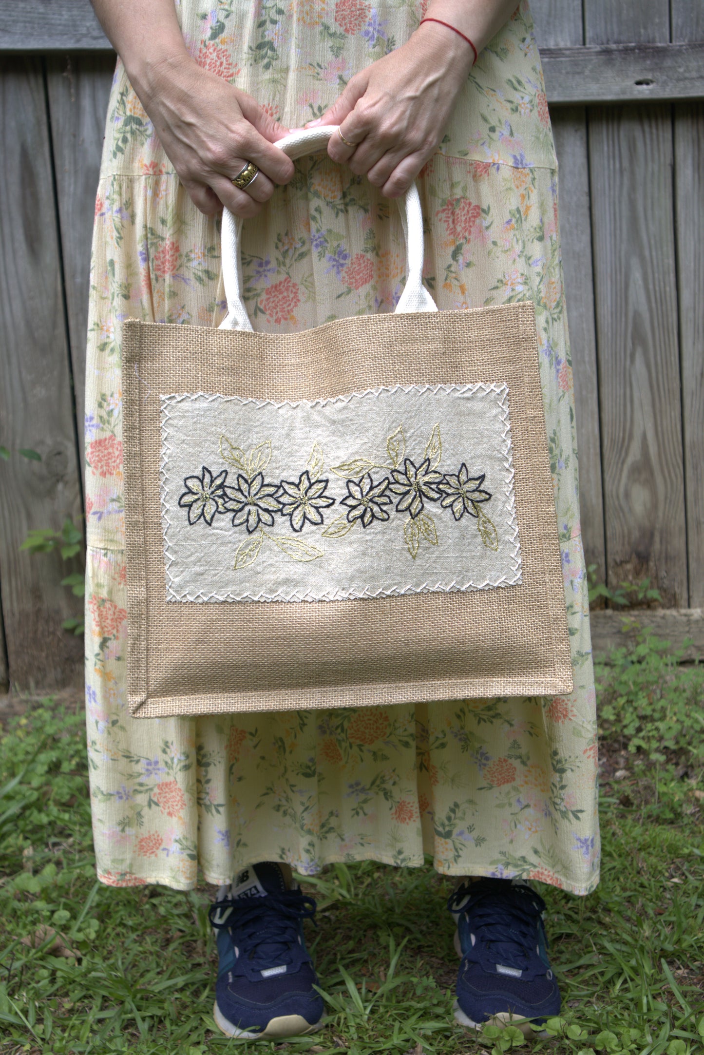 "Golden Flowers" Jute Tote Bag